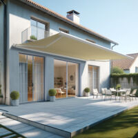Tenda da sole a cassonetto integrale HEVOA 6,00x3,50 M (Telecomando con Manovra di Emergenza - Bianco satinato RAL9010 - Beige chiaro 250gr/m²)