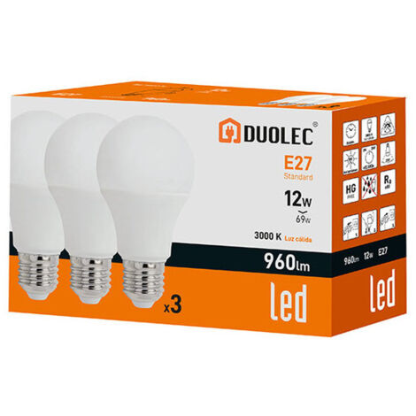 Pack 3 bombillas Led estándar DUOLEC E27 luz cálida 12W (1/2)