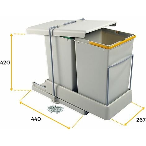 Emuca - Papelera de reciclaje, fijación inferior, extracción automática y tapa, 2 contenedores de 14 litros