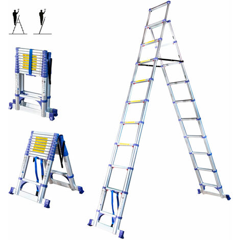Escalera telescópica de 11 escalones EXTENDACT11, Escalera telescópica 3.2m+2.9m, escalera plegable, Estabilizador, Altura máxima de trabajo 4.7m, Garantía de 5 años, Hostrom