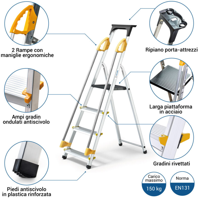 Scaletta Pieghevole Con 4 Gradini In Acciaio Con Corrimano E
