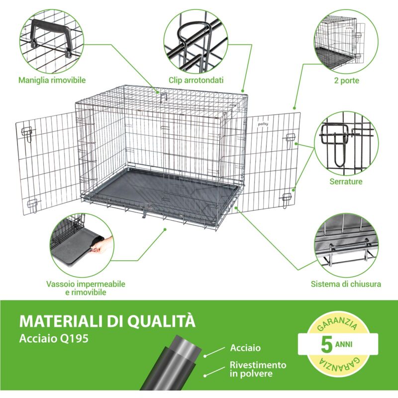 Gabbia Per Cani Pieghevole In Metallo 107x68.5x77 Cm - Con Vassoio Plastica Anti-Morso, 2 Porte E Maniglia, Per Addestramento E Trasporto