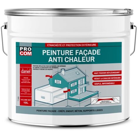Procom – Peinture façade anti-chaleur blanche réflective – Réduit la surchauffe intérieure de 2°C à 4°C – Pour tous types de façades – 10 litres