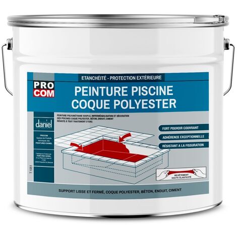 Peinture piscine coque polyester, béton, peinture piscine polyuréthane étanche et souple, haut de gamme PROCOM ffffff 12.5 Kg