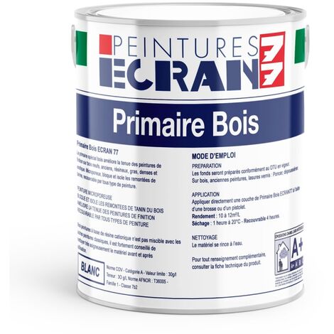 Primaire bois anti-tanins, isole et bloque les tâches et remontées de tanins, peinture sous-couche intérieur, extérieur ECRAN 77 Blanc 5 litres