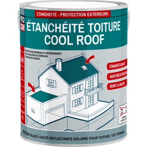 Procom – Peinture toiture étanche blanche réfléchissante – Réduit la surchauffe – Adhère sur bitume, béton, métal – Volume 2.5 litres