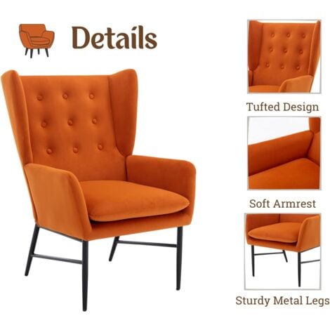 Armchair in Velvet Upholstered Occasional Lounge Chair with Button-tufted Backrest Vintage Leisure Accent Chair for Living Room Bedroom, Orange, Wahson