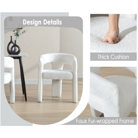 Dining Chair in Faux Fur Upholstered Armchair Designed with Unique Curved Backest Kitchen Side Chair for Dining Living Room, White, Wahson