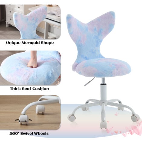 Kids Desk Chair in Faux Fur with Mermaid-shaped Backrest Swivel Task Chair Height Adjustable for Children, Blue, Wahson