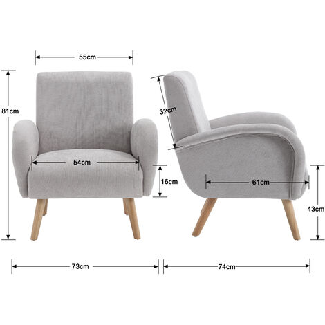 Armchair Upholstered in Fabric Modern Occasional Wingback Lounge Chair with Wooden Legs for Bedroom Living Room, Gray, Wahson