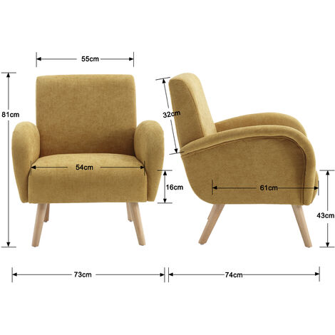 Armchair Upholstered in Fabric Modern Occasional Wingback Lounge Chair with Wooden Legs for Bedroom Living Room, Yellow, Wahson