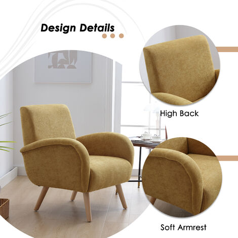 Armchair Upholstered in Fabric Modern Occasional Wingback Lounge Chair with Wooden Legs for Bedroom Living Room, Yellow, Wahson
