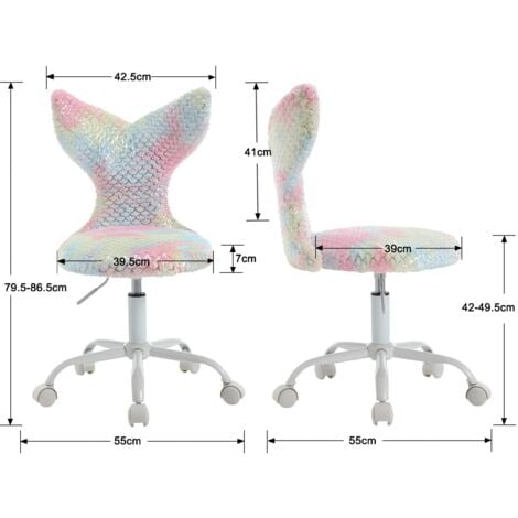 Kids Desk Chair in Faux Fur with Mermaid-shaped Backrest Swivel Task Chair Height Adjustable for Children, Colorful, Wahson