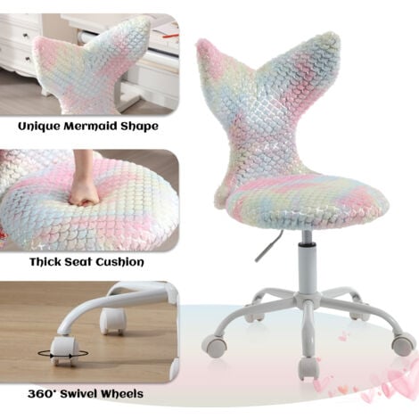 Kids Desk Chair in Faux Fur with Mermaid-shaped Backrest Swivel Task Chair Height Adjustable for Children, Colorful, Wahson