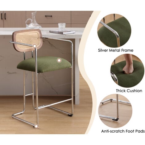 Bar Stools Set of 2 in Linen Upholstered Breakfast Counter Stools with Metal Frame Bar Chairs for Home Pub Kitchen Dining Room, Green, Wahson