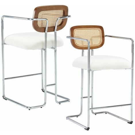 Bar Stools Set of 2 in Faux Fur Upholstered Breakfast Counter Stools with Metal Frame Bar Chairs for Home Pub Kitchen Dining Room, White, Wahson
