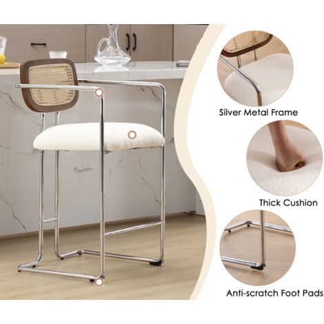 Bar Stools Set of 2 in Faux Fur Upholstered Breakfast Counter Stools with Metal Frame Bar Chairs for Home Pub Kitchen Dining Room, White, Wahson