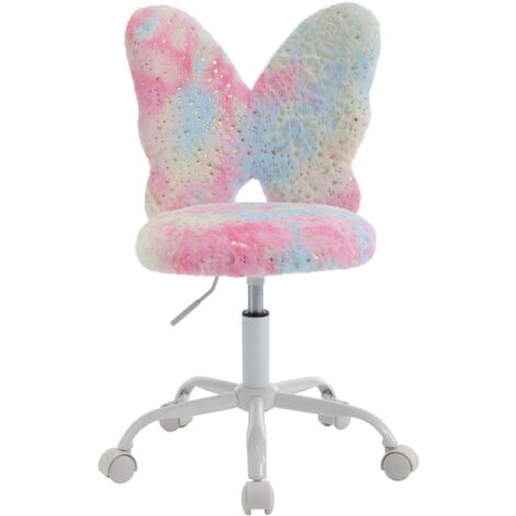 Kids Desk Chair in Faux Fur with Butterfly-shaped Backrest Swivel Task Chair Height Adjustable for Children, Pink, Wahson