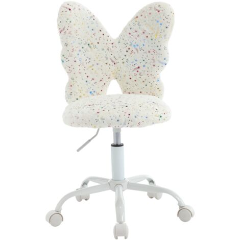 Kids Desk Chair in Faux Fur with Butterfly-shaped Backrest Swivel Task Chair Height Adjustable for Children, White, Wahson
