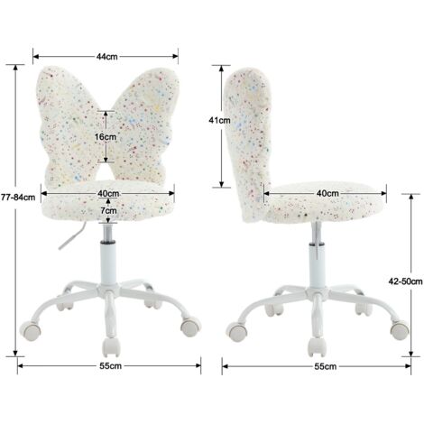 Kids Desk Chair in Faux Fur with Butterfly-shaped Backrest Swivel Task Chair Height Adjustable for Children, White, Wahson
