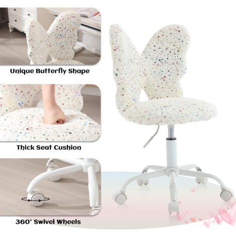 Kids Desk Chair in Faux Fur with Butterfly-shaped Backrest Swivel Task Chair Height Adjustable for Children, White, Wahson