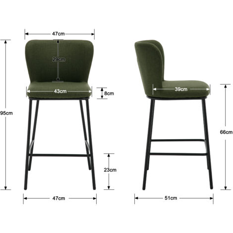 Modern Bar Stools Set of 2 in Linen Armless Kitchen Counter Chairs with Comfy Backrest Breakfast Bar Chairs for Home Bar Dining Room, Green, Wahson