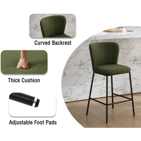 Modern Bar Stools Set of 2 in Linen Armless Kitchen Counter Chairs with Comfy Backrest Breakfast Bar Chairs for Home Bar Dining Room, Green, Wahson