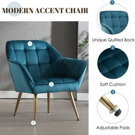 Accent Chair Upholstered in Velvet Armchair Comfortable Padded Modern Occasional Tub Chair with Wood Legs for Bedroom Living Room, Blue, Wahson