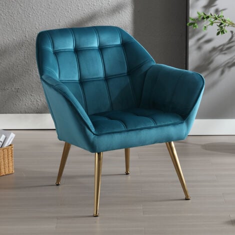 Accent Chair Upholstered in Velvet Armchair Comfortable Padded Modern Occasional Tub Chair with Wood Legs for Bedroom Living Room, Blue, Wahson