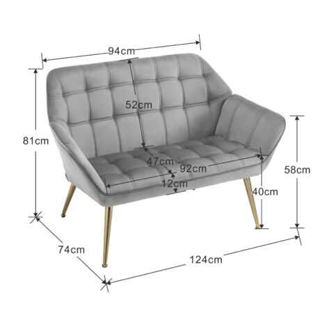 2 Seater Sofa in Velvet Modern Upholstered Couch Comfortable Padded Loveseat Sofa with Metal Legs for Bedroom Living Room, Gray, Wahson