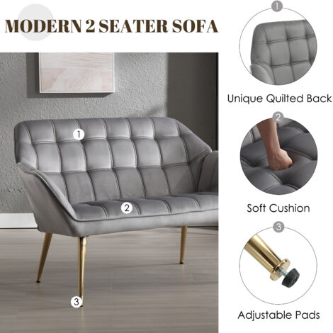 2 Seater Sofa in Velvet Modern Upholstered Couch Comfortable Padded Loveseat Sofa with Metal Legs for Bedroom Living Room, Gray, Wahson