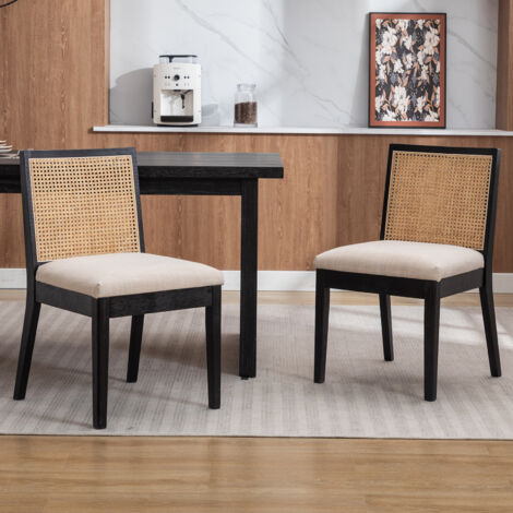 Dining Chairs Set of 2 in Rattan Rustic Kitchen Chairs Upholstered for Living Room Restaurant, Black, Wahson