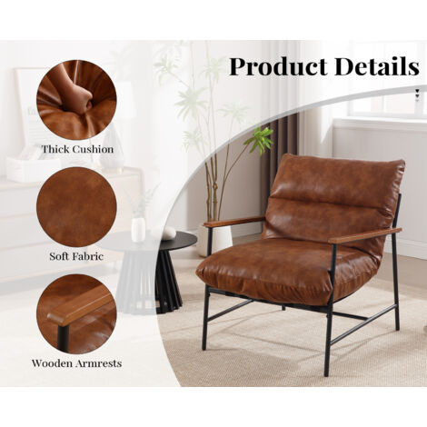 Chaise Longue in PU Leather Upholstered Occasional Tub Chair with Removable Cushion Comfy Armchair for Bedroom Living Room, Brown, Wahson