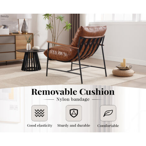 Chaise Longue in PU Leather Upholstered Occasional Tub Chair with Removable Cushion Comfy Armchair for Bedroom Living Room, Brown, Wahson