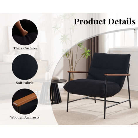Chaise Longue in Faux Fur Upholstered Occasional Tub Chair with Removable Cushion Comfy Armchair for Bedroom Living Room, Black, Wahson