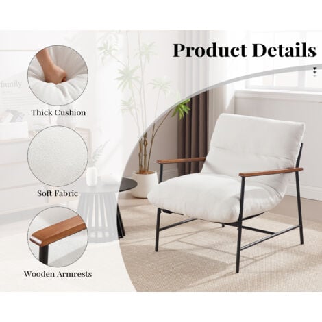Recliner Chair in Faux Fur Upholstered Vintage Occasional Tub Chair with Metal Legs for Bedroom Living Room, White, Wahson
