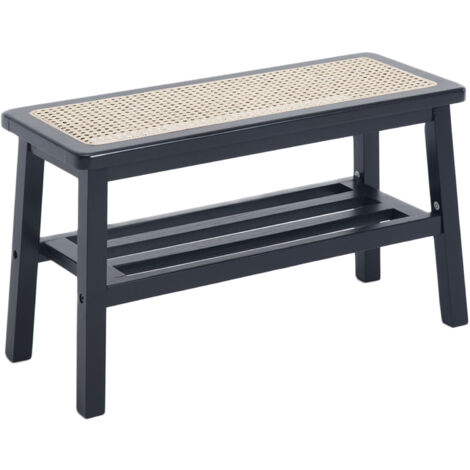 Dining Bench in Rattan Wood Rustic Entryway Storage Bench Ottoman Shoe Footstool Seat for Kitchen Living Room Hallway, Black, Wahson