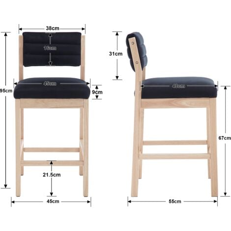 Bar Stools Set of 2 Upholstered in Velvet Mid-century Counter Stools with Wood Legs Bar Chairs for Home Bar Kitchen, Black, Wahson