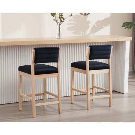 Bar Stools Set of 2 Upholstered in Velvet Mid-century Counter Stools with Wood Legs Bar Chairs for Home Bar Kitchen, Black, Wahson