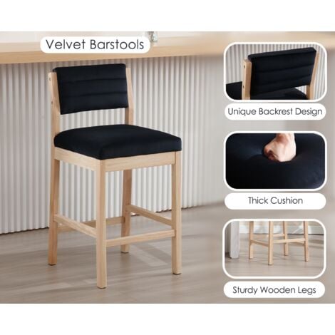 Bar Stools Set of 2 Upholstered in Velvet Mid-century Counter Stools with Wood Legs Bar Chairs for Home Bar Kitchen, Black, Wahson