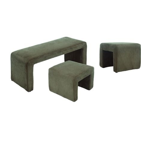 Modern Bench in Fabric with 2 Footstools Upholstered Bed End Bench Accent Window Seat Stool for Bedroom Living Room Hallway, Green, Wahson