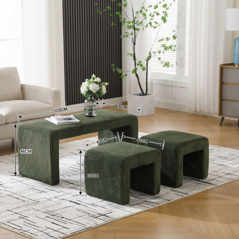 Modern Bench in Fabric with 2 Footstools Upholstered Bed End Bench Accent Window Seat Stool for Bedroom Living Room Hallway, Green, Wahson