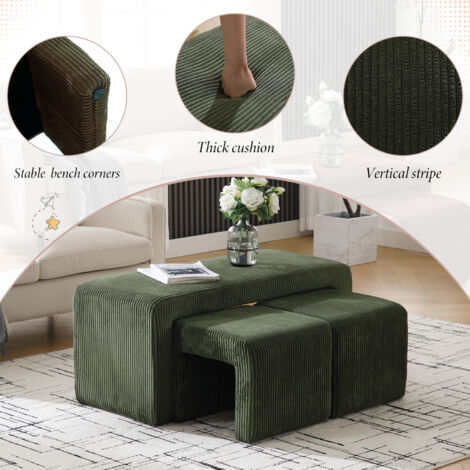 Modern Bench in Fabric with 2 Footstools Upholstered Bed End Bench Accent Window Seat Stool for Bedroom Living Room Hallway, Green, Wahson