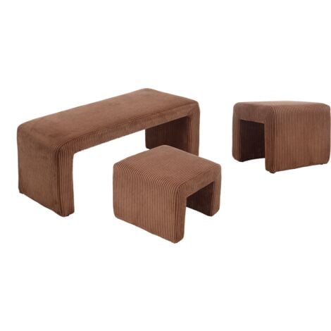 Modern Bench in Fabric with 2 Footstools Upholstered Bed End Bench Accent Window Seat Stool for Bedroom Living Room Hallway, Brown, Wahson