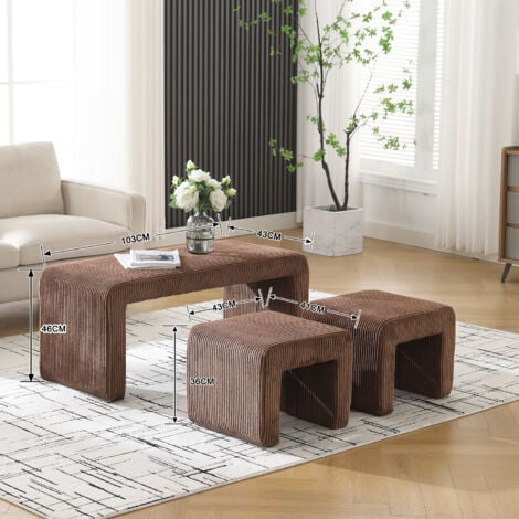 Modern Bench in Fabric with 2 Footstools Upholstered Bed End Bench Accent Window Seat Stool for Bedroom Living Room Hallway, Brown, Wahson