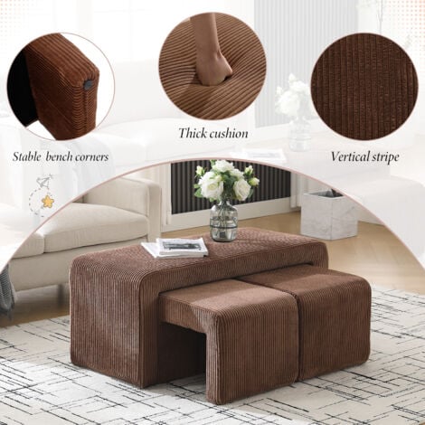 Modern Bench in Fabric with 2 Footstools Upholstered Bed End Bench Accent Window Seat Stool for Bedroom Living Room Hallway, Brown, Wahson