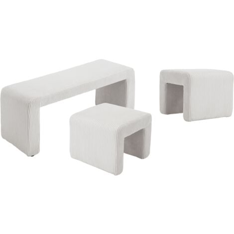 Modern Bench in Fabric with 2 Footstools Upholstered Bed End Bench Accent Window Seat Stool for Bedroom Living Room Hallway, White, Wahson