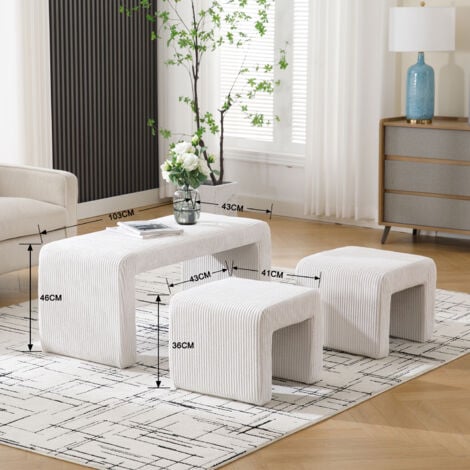 Modern Bench in Fabric with 2 Footstools Upholstered Bed End Bench Accent Window Seat Stool for Bedroom Living Room Hallway, White, Wahson