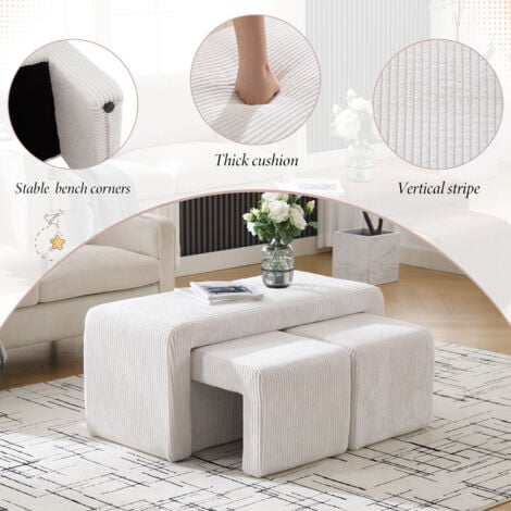 Modern Bench in Fabric with 2 Footstools Upholstered Bed End Bench Accent Window Seat Stool for Bedroom Living Room Hallway, White, Wahson