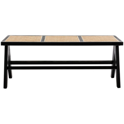 Dining Bench in Rattan Wood Rustic Ottoman Bench Seat Bench Footstool for Kitchen Living Room Entryway, Black, Wahson